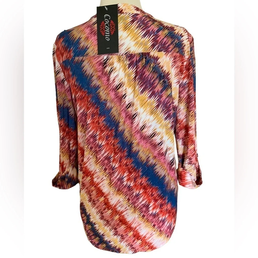 COCOMO XL Red Blue Yellow 3/4 sleeve women’s Pintuck Blouse top shirt tu…